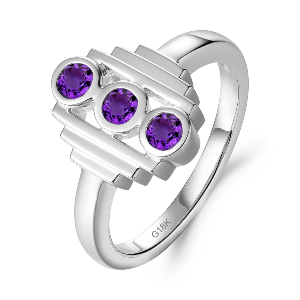 Geometric Round Amethyst Three Stone Ring - LUO Jewelry #metal_18k white gold
