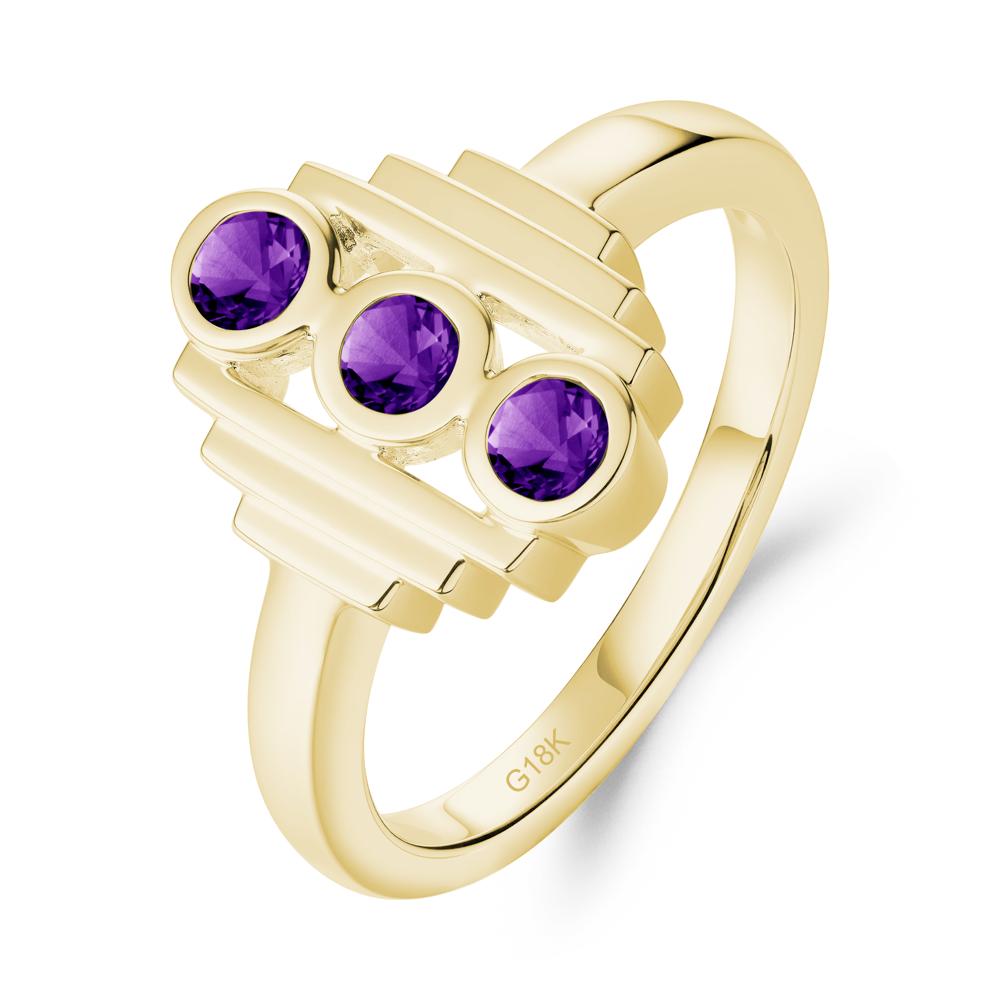 Geometric Round Amethyst Three Stone Ring - LUO Jewelry #metal_18k yellow gold