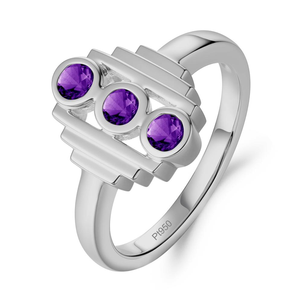 Geometric Round Amethyst Three Stone Ring - LUO Jewelry #metal_platinum