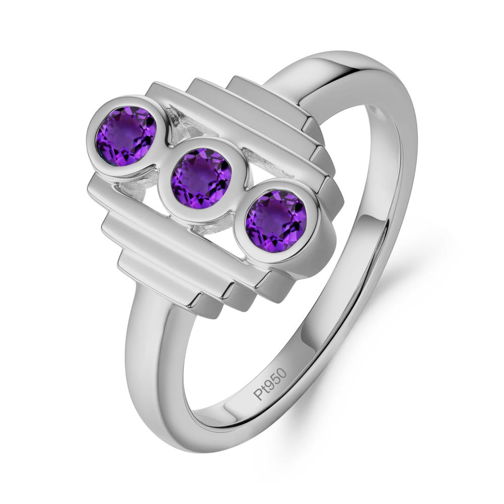 Geometric Round Amethyst Three Stone Ring - LUO Jewelry #metal_platinum