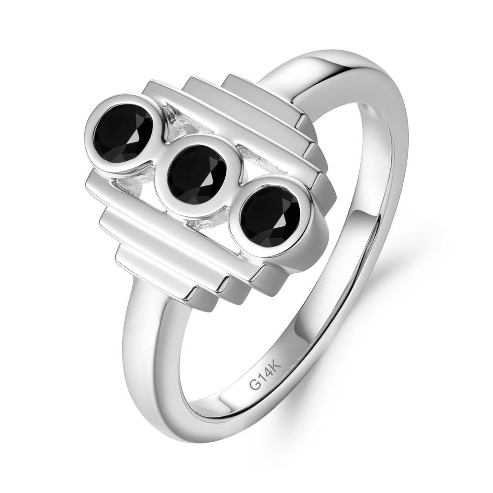 Geometric Round Black Spinel Three Stone Ring - LUO Jewelry #metal_14k white gold
