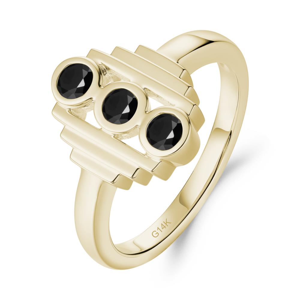 Geometric Round Black Spinel Three Stone Ring - LUO Jewelry #metal_14k yellow gold