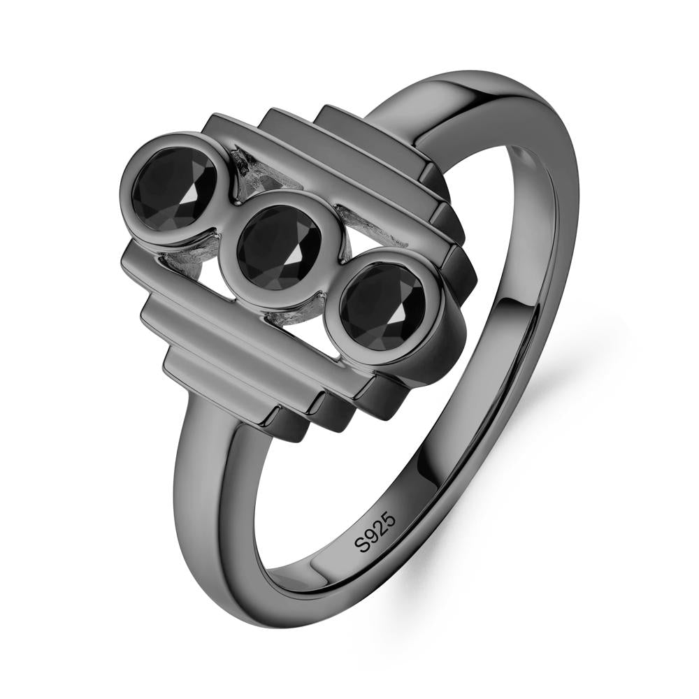 Geometric Round Black Spinel Three Stone Ring - LUO Jewelry #metal_black finish sterling silver