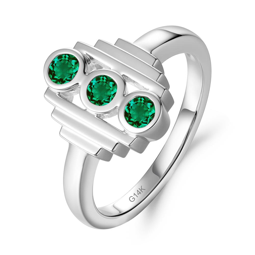Geometric Round Emerald Three Stone Ring - LUO Jewelry #metal_14k white gold