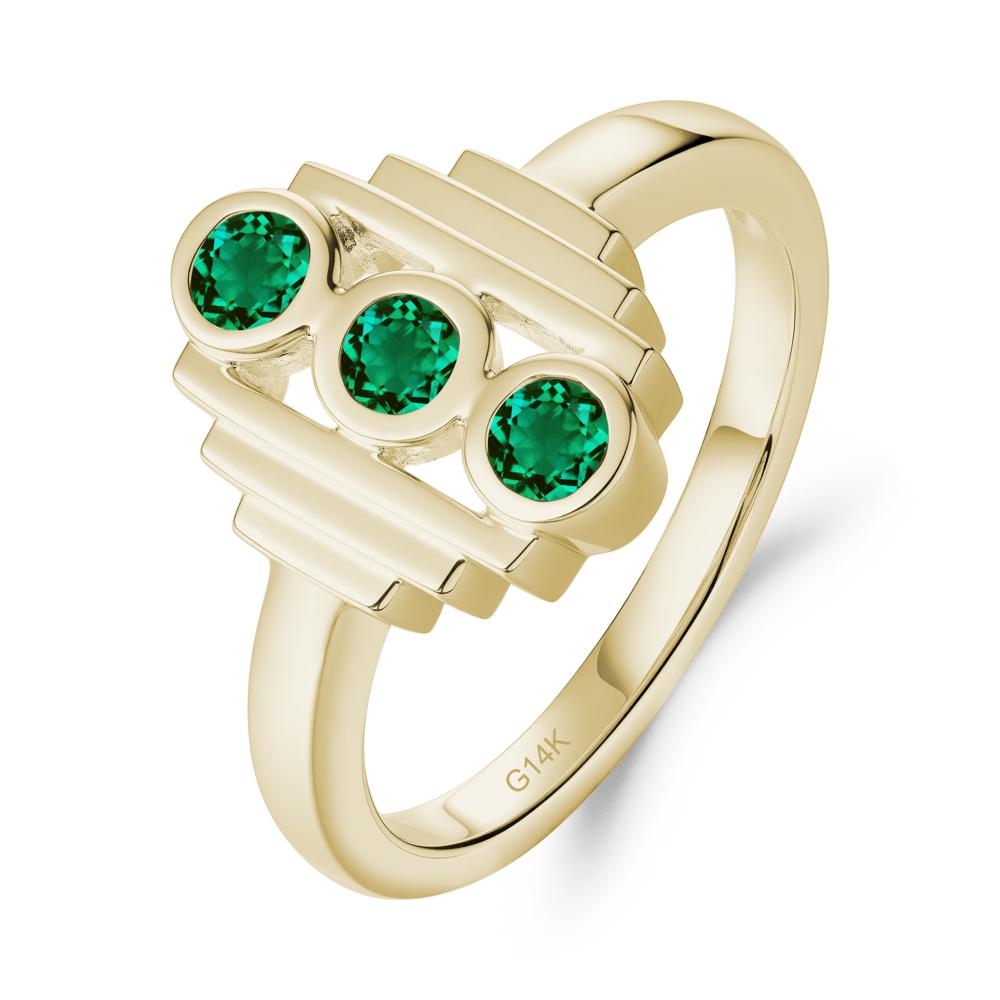 Geometric Round Emerald Three Stone Ring - LUO Jewelry #metal_14k yellow gold