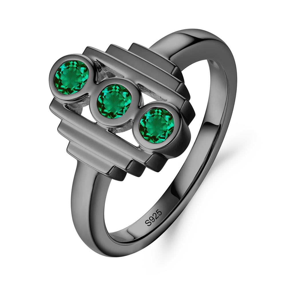 Geometric Round Emerald Three Stone Ring - LUO Jewelry #metal_black finish sterling silver