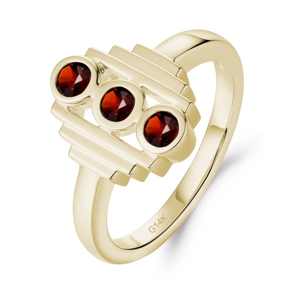 Geometric Round Garnet Three Stone Ring - LUO Jewelry #metal_14k yellow gold