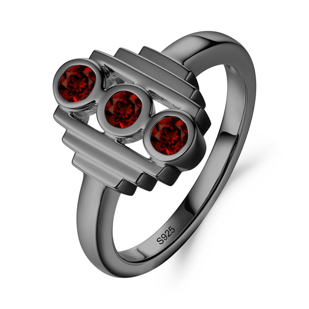 Geometric Round Garnet Three Stone Ring - LUO Jewelry #metal_black finish sterling silver