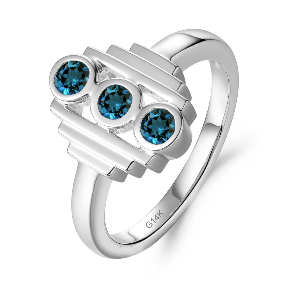 Geometric Round London Blue Topaz Three Stone Ring - LUO Jewelry #metal_14k white gold