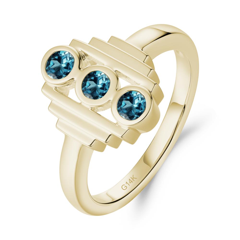Geometric Round London Blue Topaz Three Stone Ring - LUO Jewelry #metal_14k yellow gold