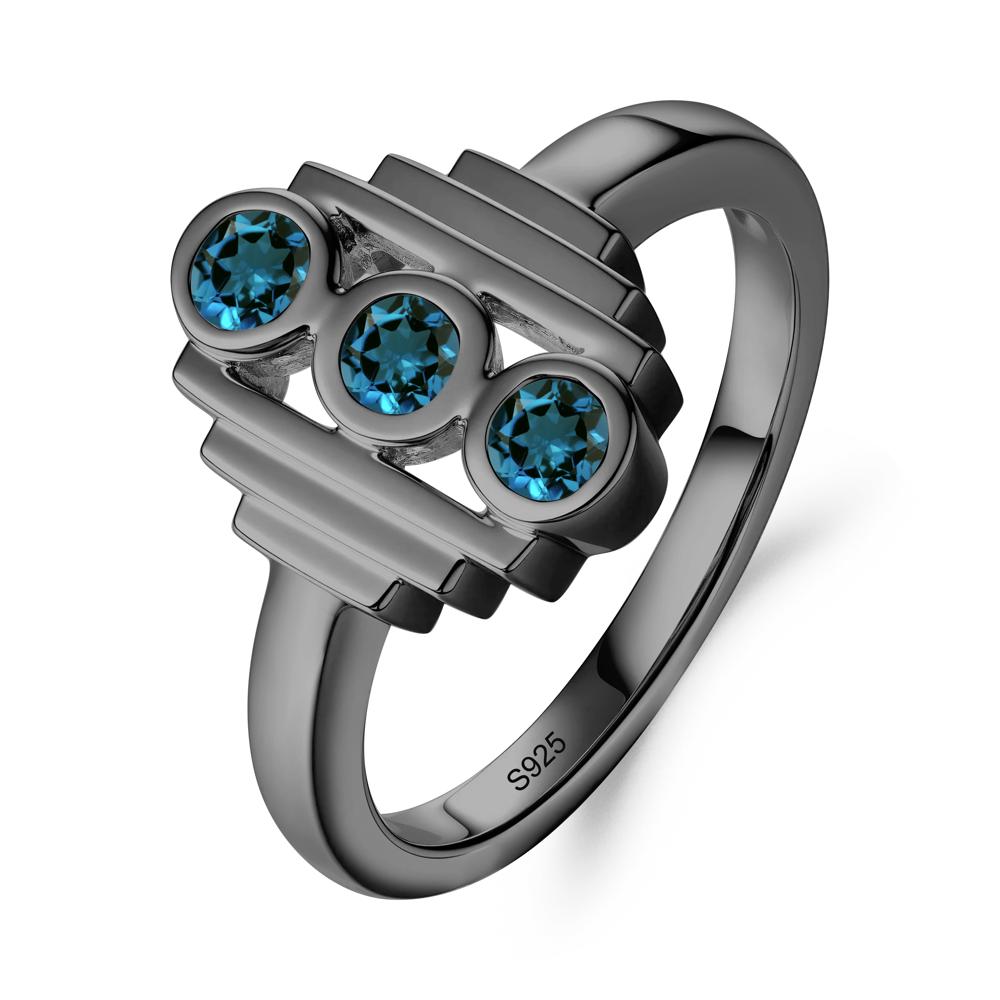 Geometric Round London Blue Topaz Three Stone Ring - LUO Jewelry #metal_black finish sterling silver