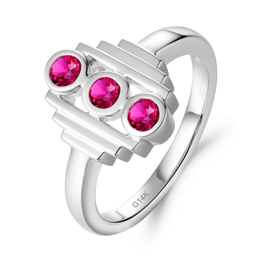 Geometric Round Ruby Three Stone Ring - LUO Jewelry #metal_14k white gold