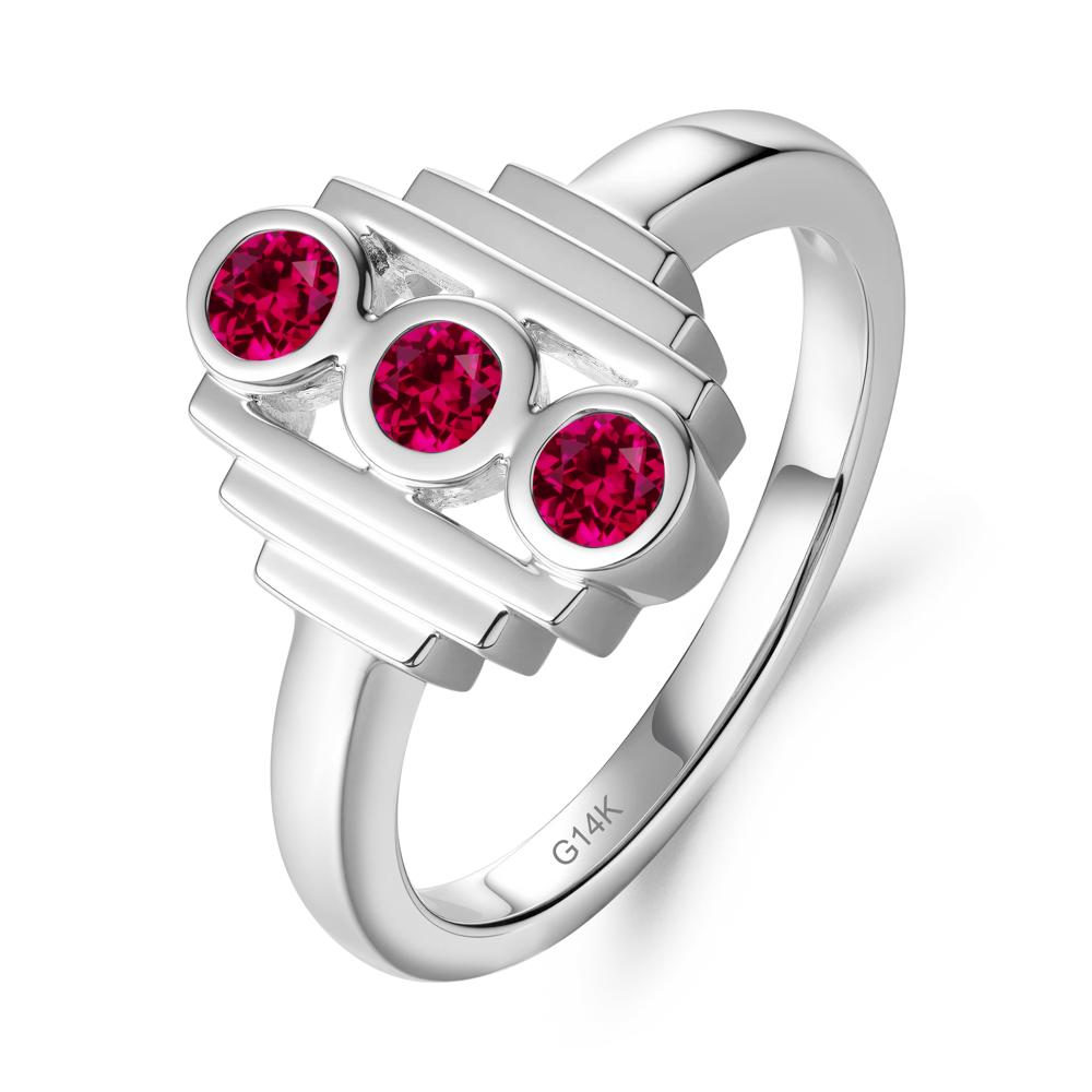 Geometric Round Ruby Three Stone Ring - LUO Jewelry #metal_14k white gold