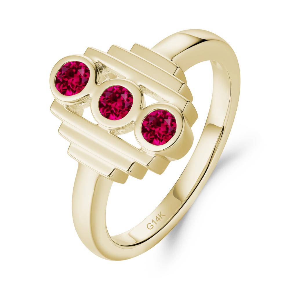 Geometric Round Ruby Three Stone Ring - LUO Jewelry #metal_14k yellow gold
