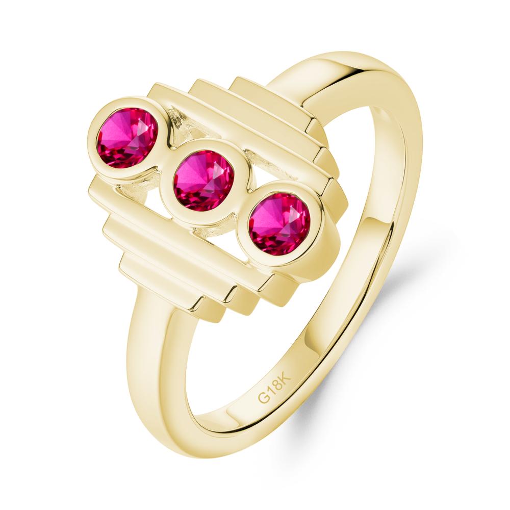 Geometric Round Ruby Three Stone Ring - LUO Jewelry #metal_18k yellow gold