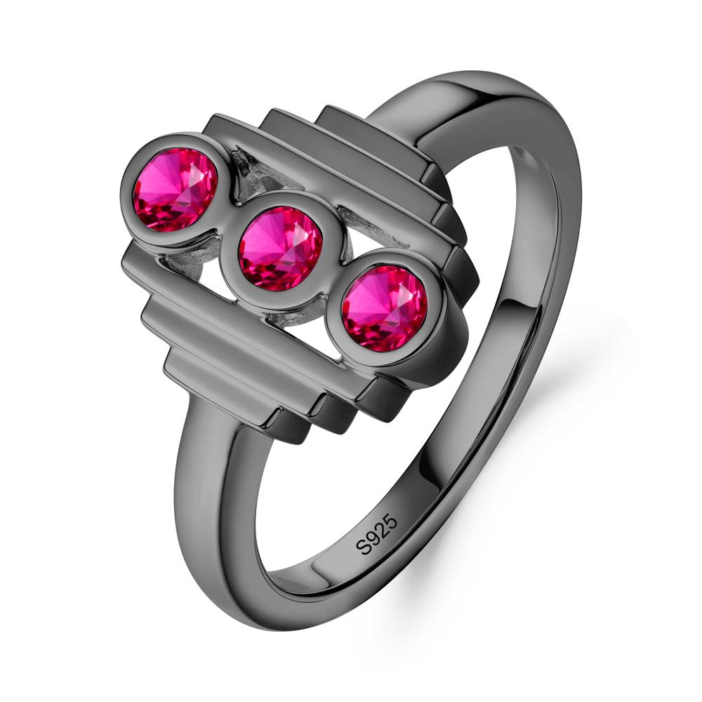 Geometric Round Ruby Three Stone Ring - LUO Jewelry #metal_black finish sterling silver