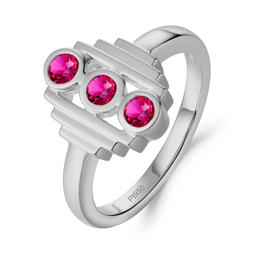 Geometric Round Ruby Three Stone Ring - LUO Jewelry #metal_platinum