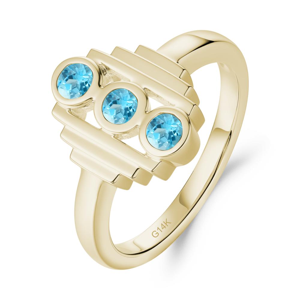 Geometric Round Swiss Blue Topaz Three Stone Ring - LUO Jewelry #metal_14k yellow gold