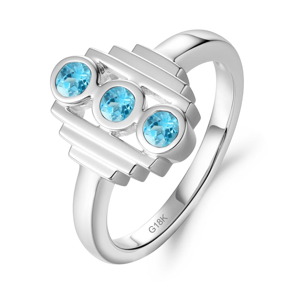 Geometric Round Swiss Blue Topaz Three Stone Ring - LUO Jewelry #metal_18k white gold