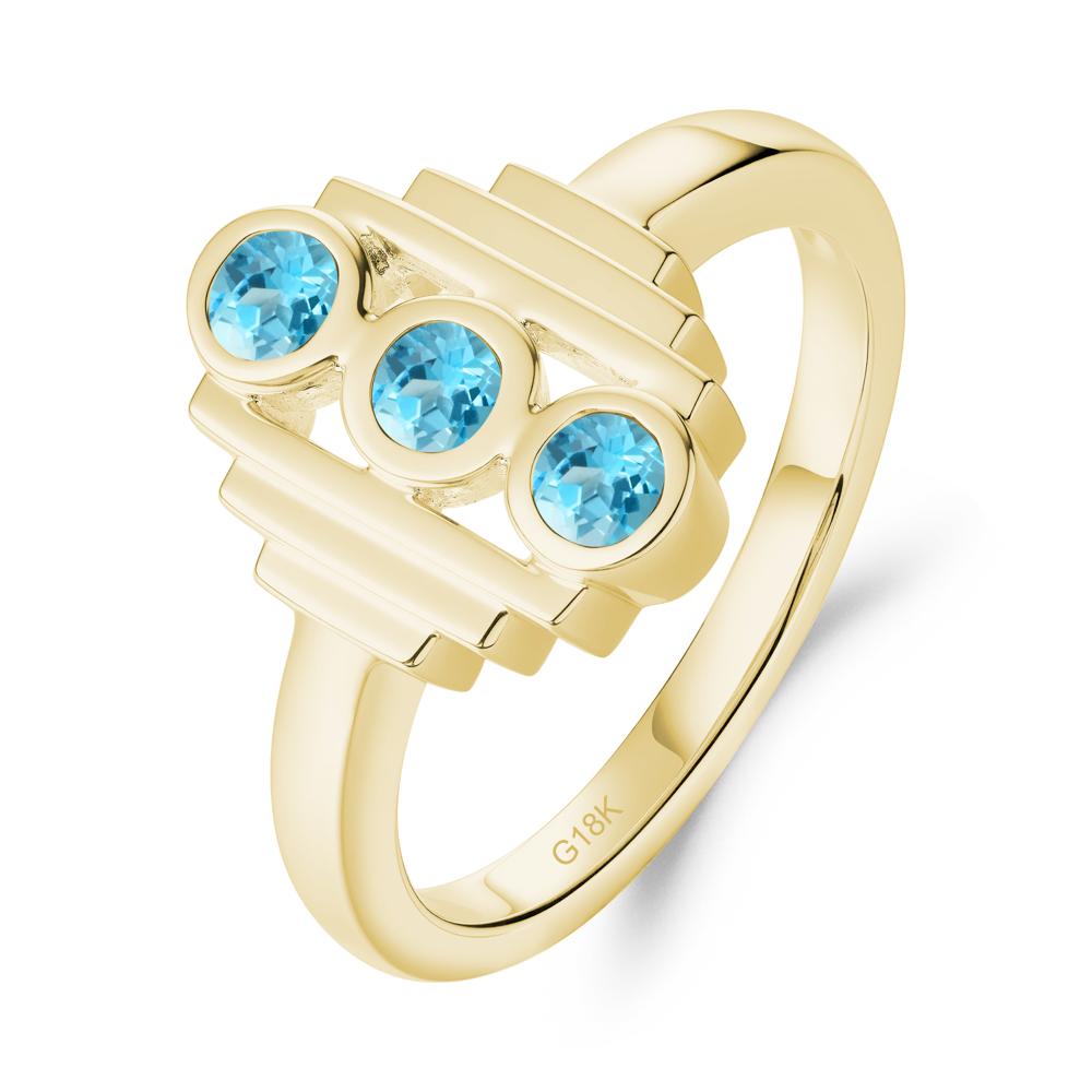 Geometric Round Swiss Blue Topaz Three Stone Ring - LUO Jewelry #metal_18k yellow gold