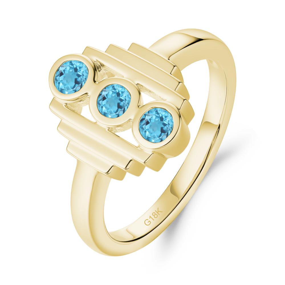 Geometric Round Swiss Blue Topaz Three Stone Ring - LUO Jewelry #metal_18k yellow gold