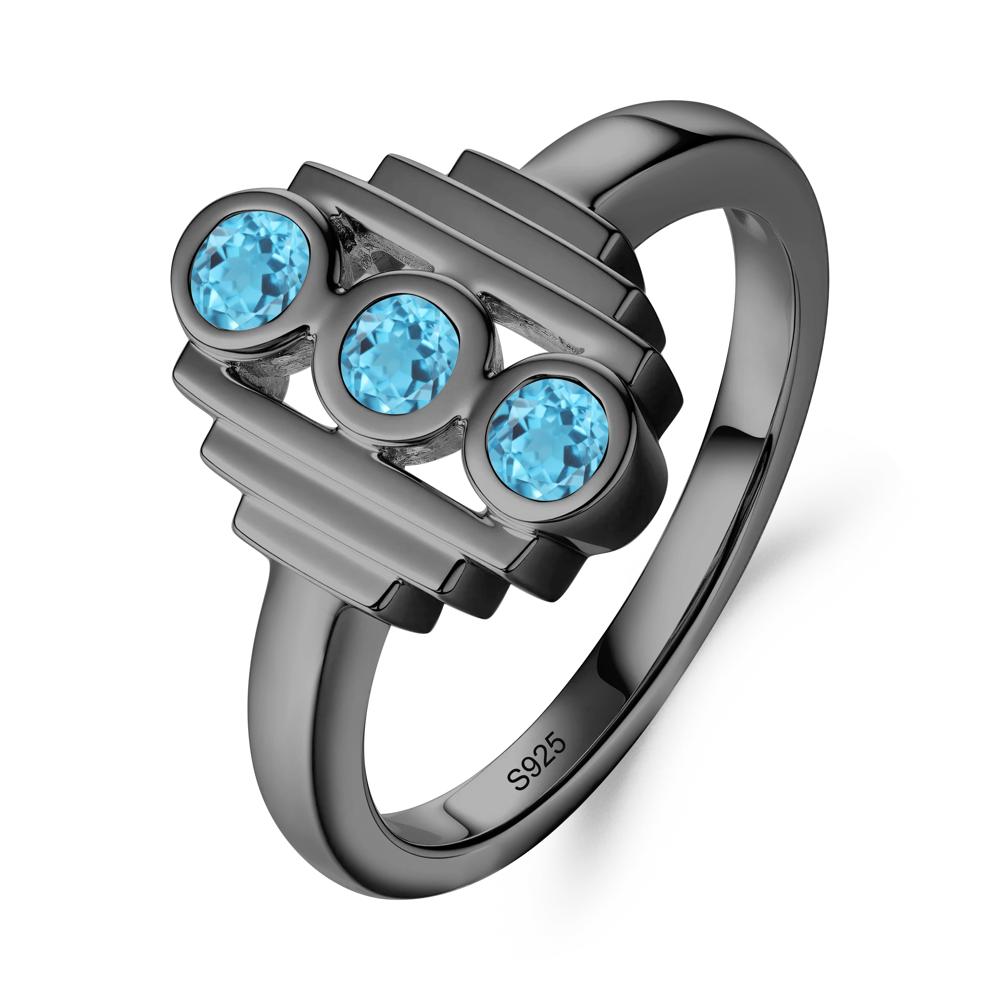 Geometric Round Swiss Blue Topaz Three Stone Ring - LUO Jewelry #metal_black finish sterling silver