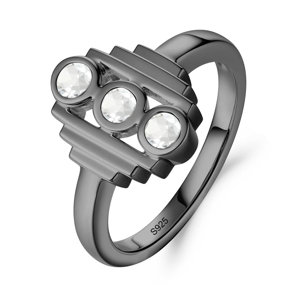 Geometric Round White Topaz Three Stone Ring - LUO Jewelry #metal_black finish sterling silver