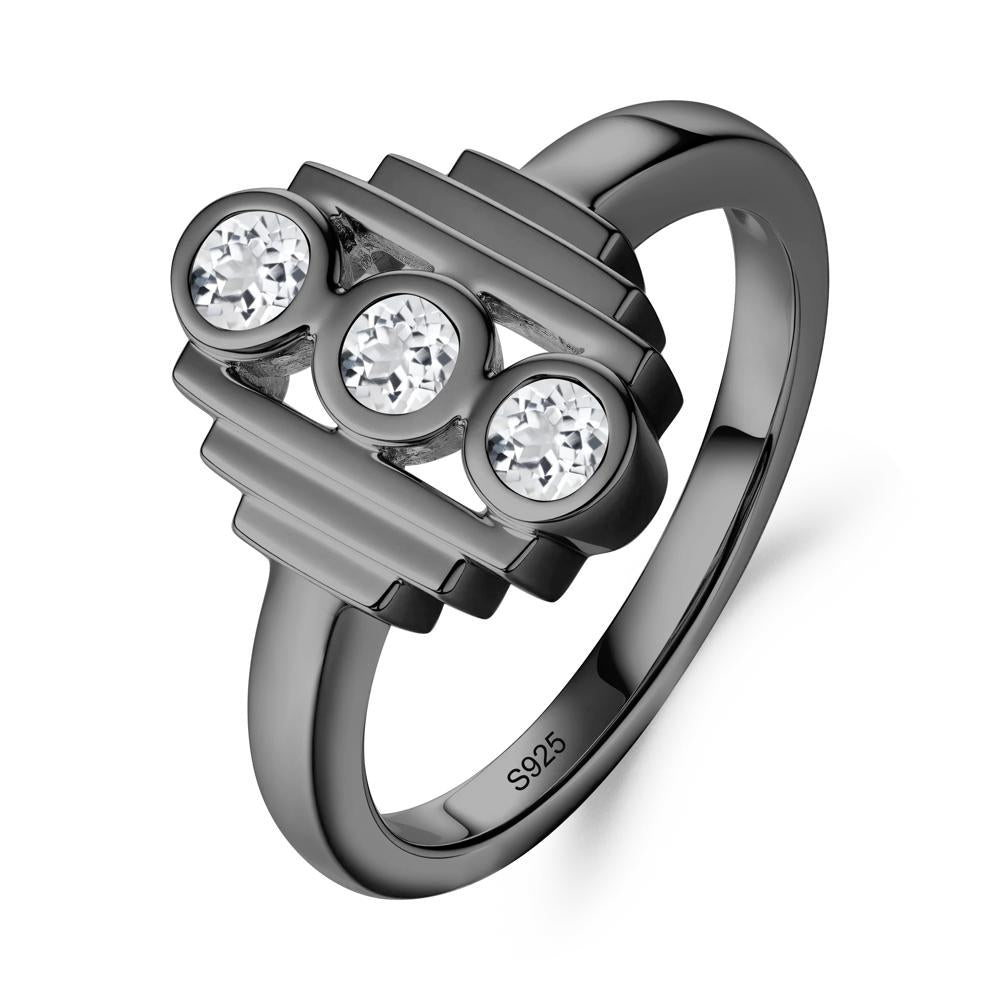 Geometric Round White Topaz Three Stone Ring - LUO Jewelry #metal_black finish sterling silver