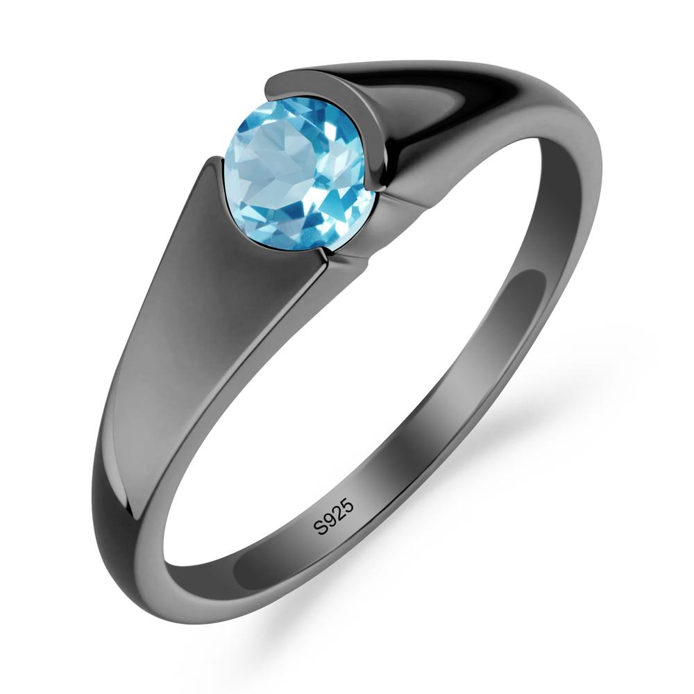 Bezel Set Round Swiss Blue Topaz Solitaire Ring - LUO Jewelry #metal_black finish sterling silver