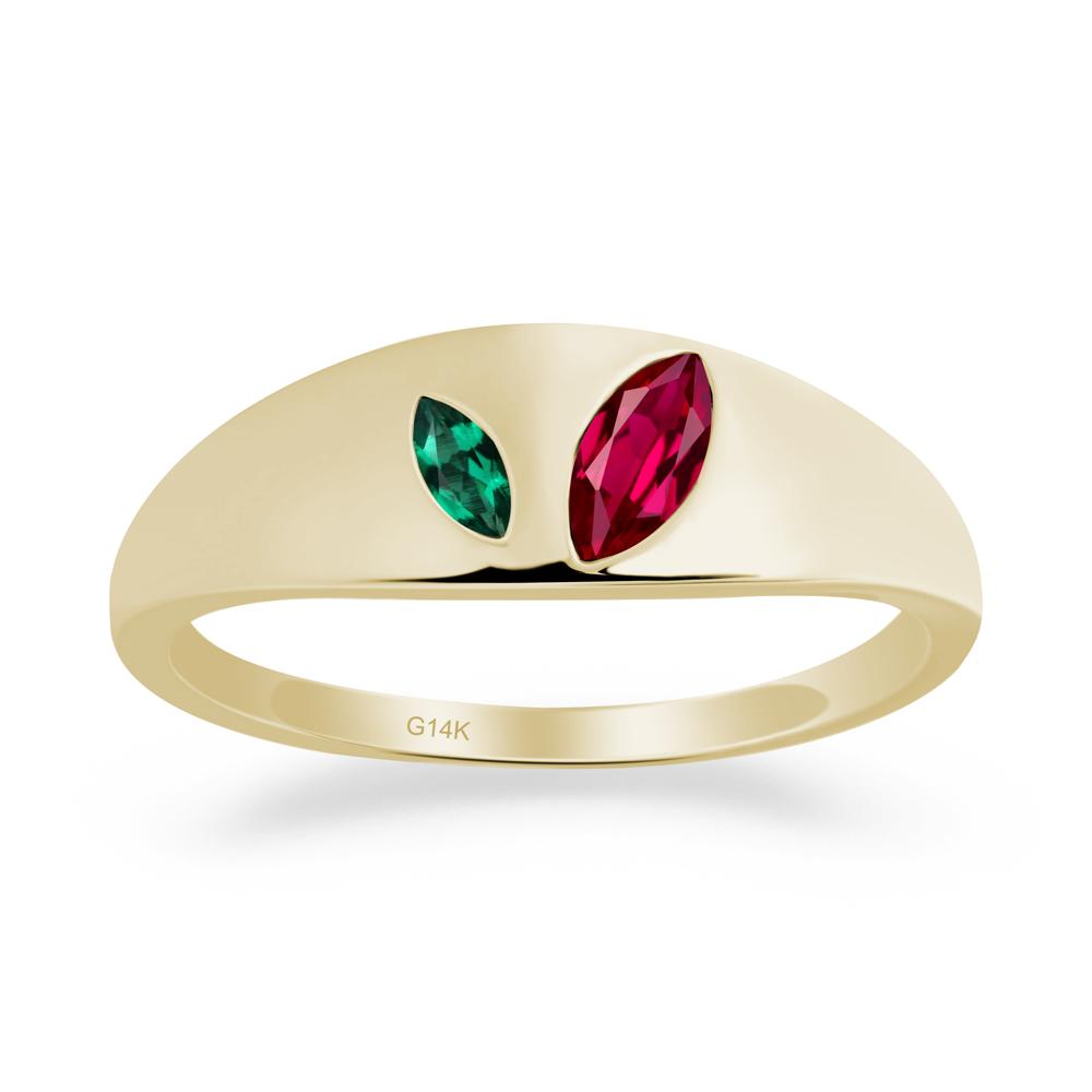 Emerald and Ruby and Emerald Two Stone Ring - LUO Jewelry #metal_14k yellow gold