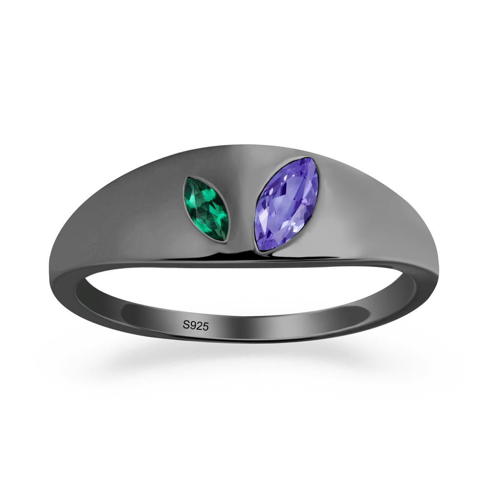 Bezel-Set Marquise Tanzanite and Emerald Ring - LUO Jewelry #metal_black finish sterling silver