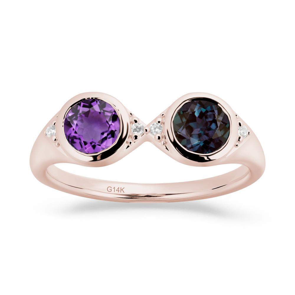 Bezel Alexandrite and Amethyst Two Stone Ring - LUO Jewelry #metal_14k rose gold