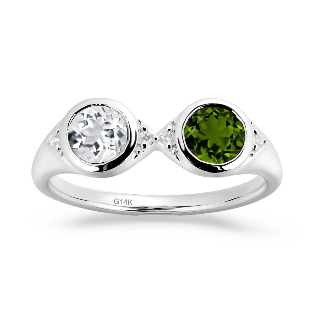 Bezel Diopside and White Topaz Two Stone Ring - LUO Jewelry #metal_14k white gold