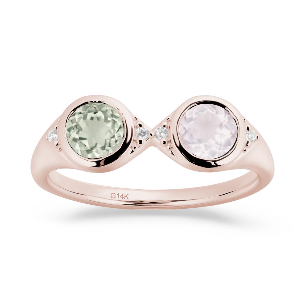 Bezel Green Amethyst and Rose Quartz Two Stone Ring - LUO Jewelry #metal_14k rose gold