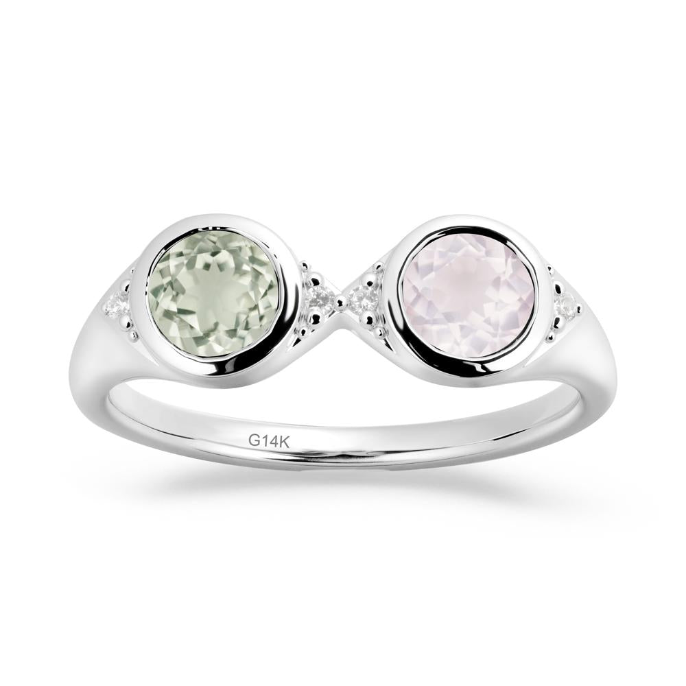 Bezel Green Amethyst and Rose Quartz Two Stone Ring - LUO Jewelry #metal_14k white gold
