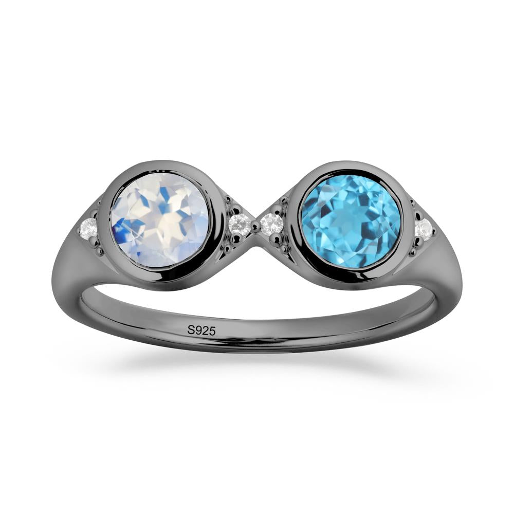 Bezel Moonstone and Swiss Blue Topaz Two Stone Ring - LUO Jewelry #metal_black finish sterling silver