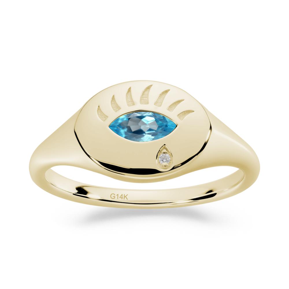 Swiss Blue Topaz Evil Eye Signet Ring - LUO Jewelry #metal_14k yellow gold