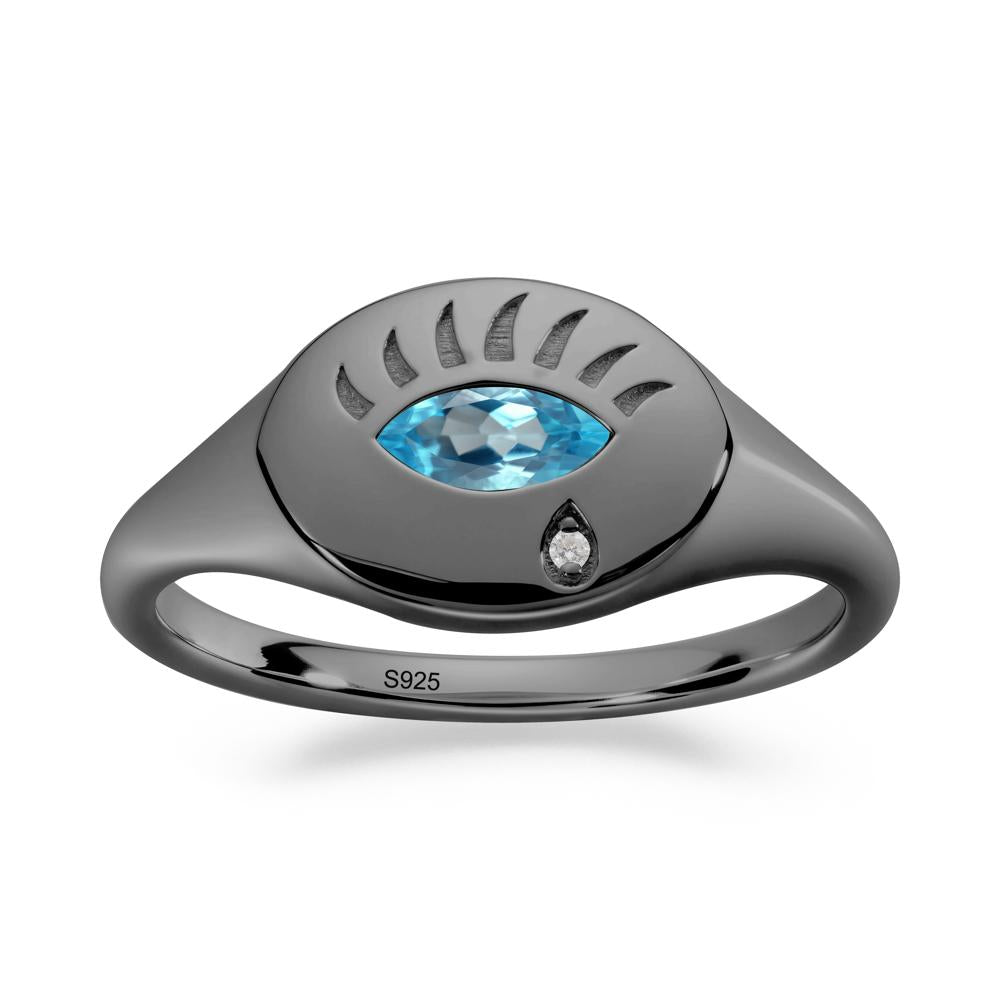 Swiss Blue Topaz Evil Eye Signet Ring - LUO Jewelry #metal_black finish sterling silver
