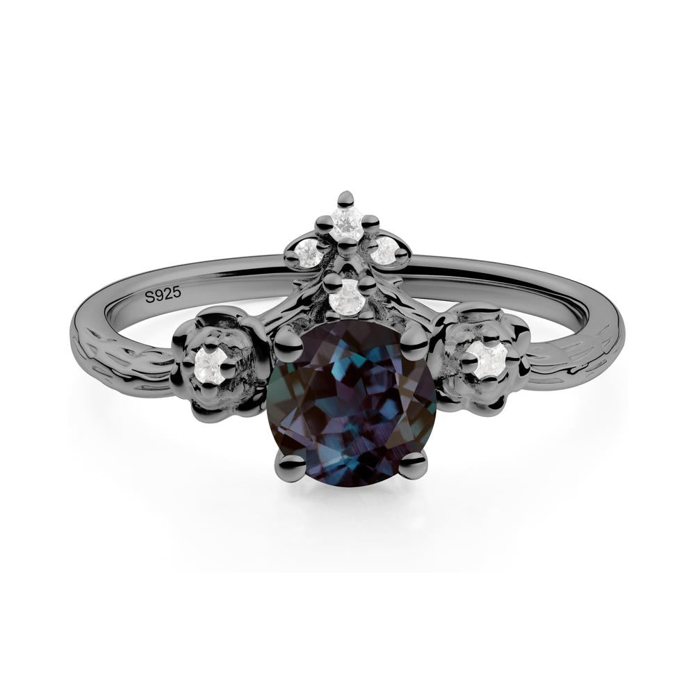 Round Alexandrite Rose Ring with Wood Grain - LUO Jewelry #metal_black finish sterling silver