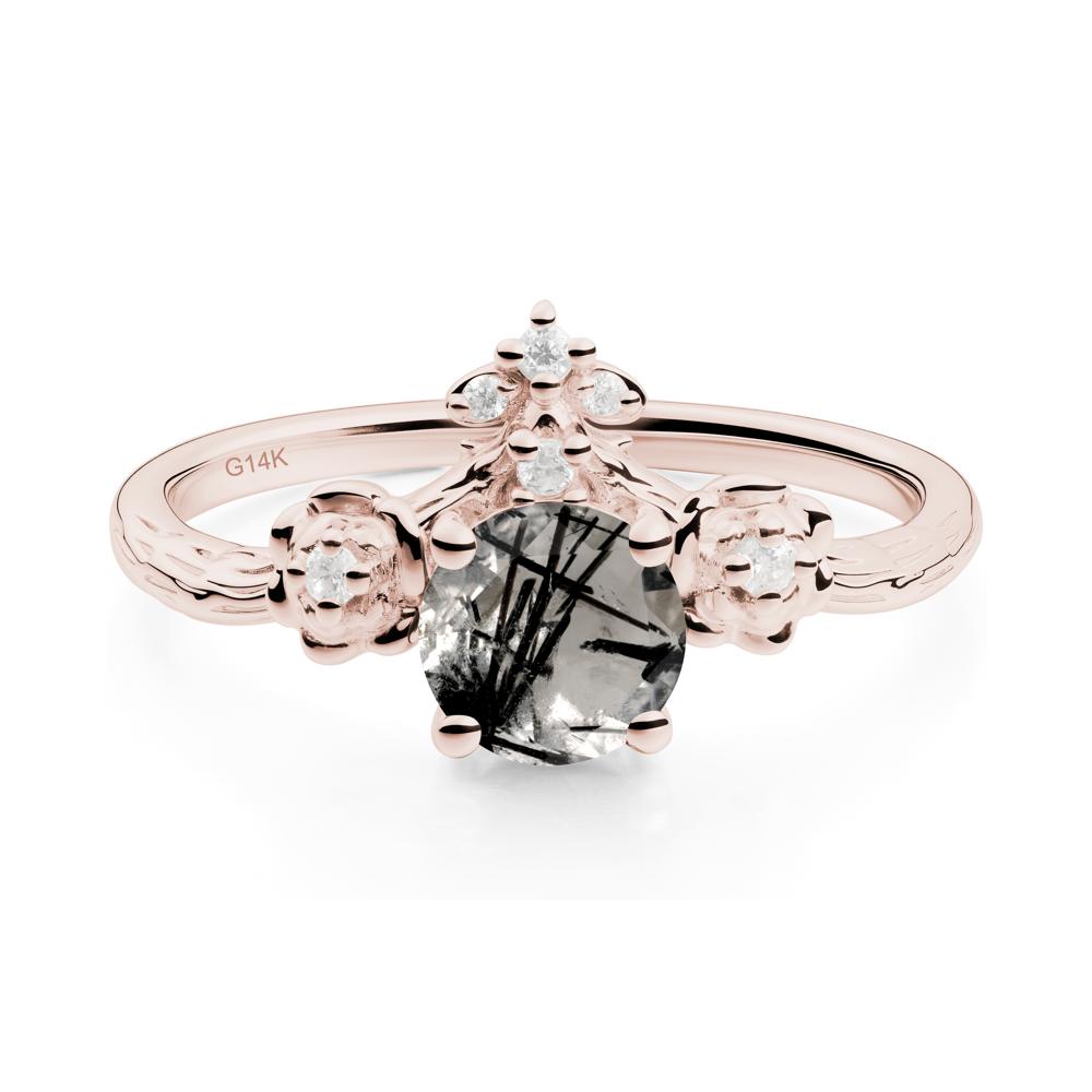 Round Black Rutilated Quartz Rose Ring with Wood Grain - LUO Jewelry #metal_14k rose gold