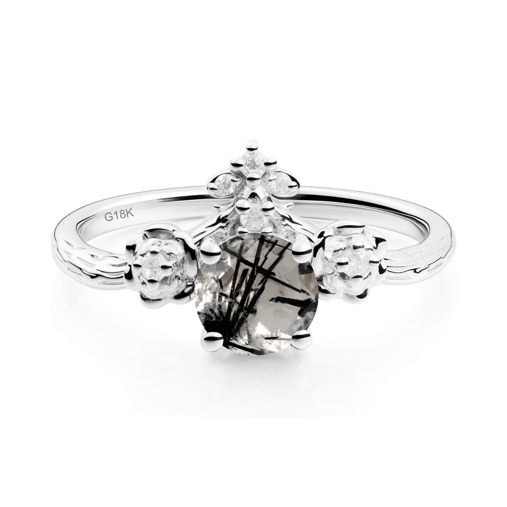 Round Black Rutilated Quartz Rose Ring with Wood Grain - LUO Jewelry #metal_18k white gold