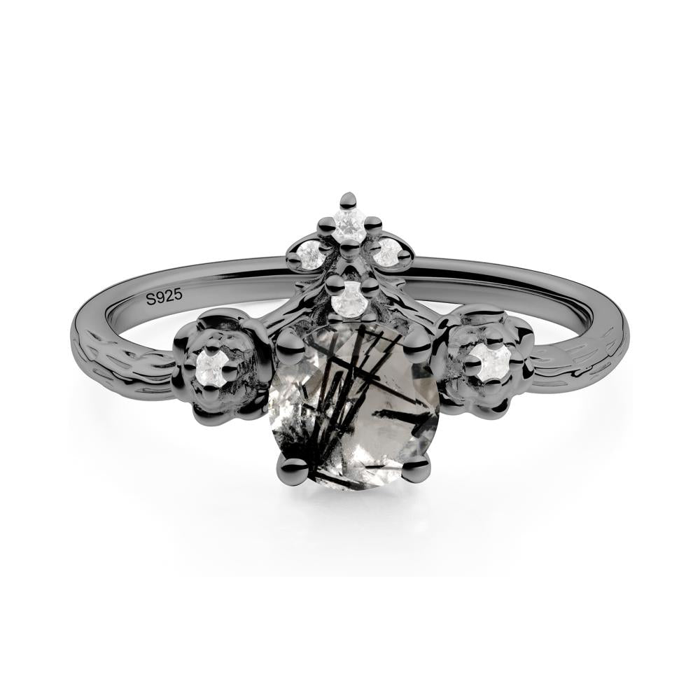 Round Black Rutilated Quartz Rose Ring with Wood Grain - LUO Jewelry #metal_black finish sterling silver