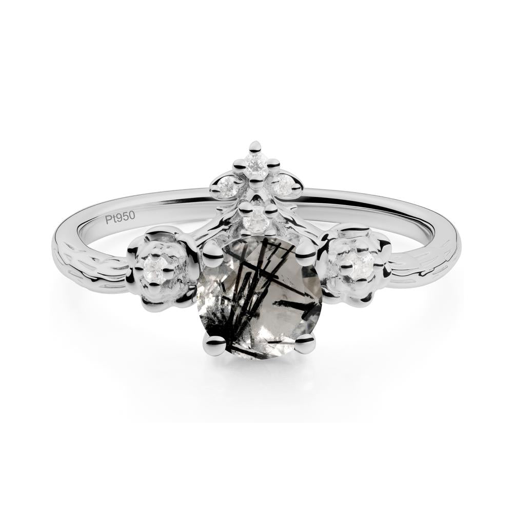 Round Black Rutilated Quartz Rose Ring with Wood Grain - LUO Jewelry #metal_platinum