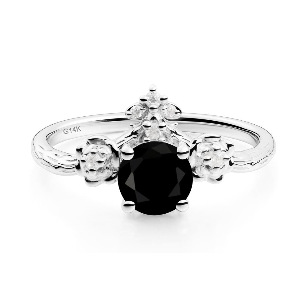 Round Black Spinel Rose Ring with Wood Grain - LUO Jewelry #metal_14k white gold