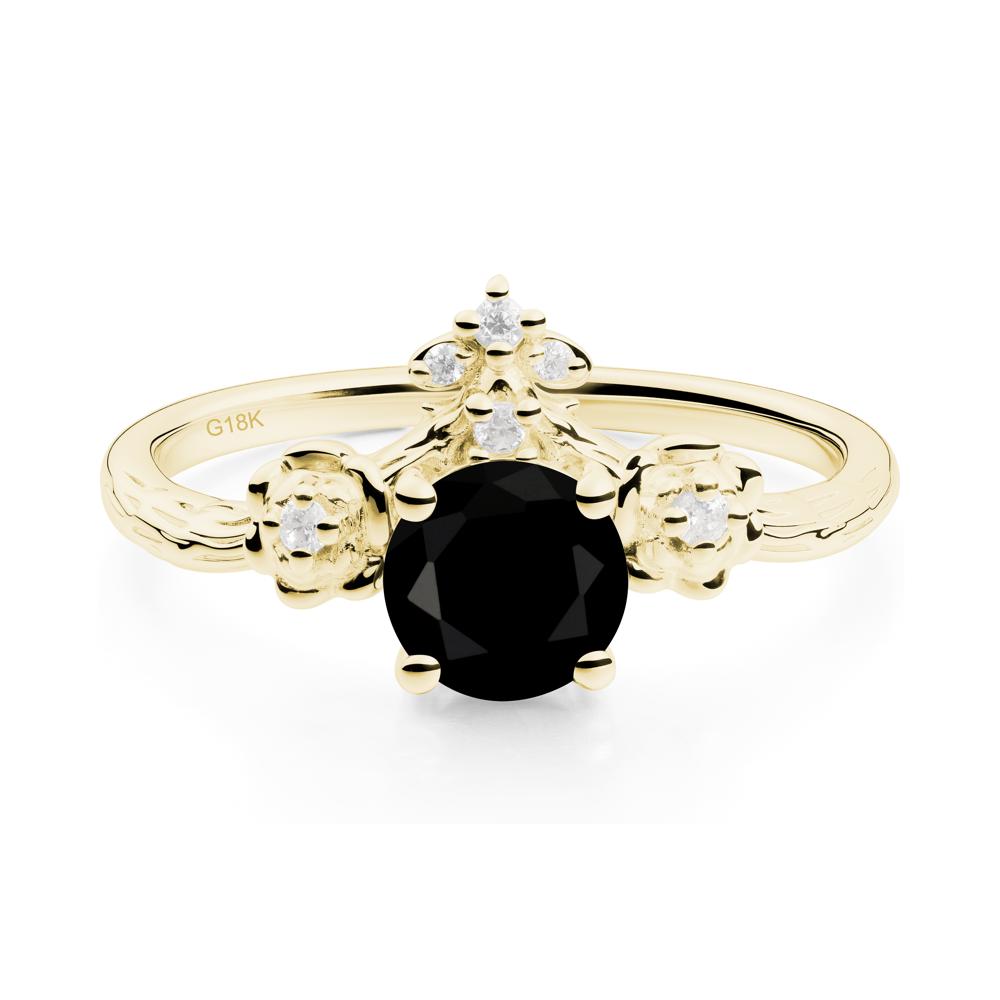Round Black Spinel Rose Ring with Wood Grain - LUO Jewelry #metal_18k yellow gold