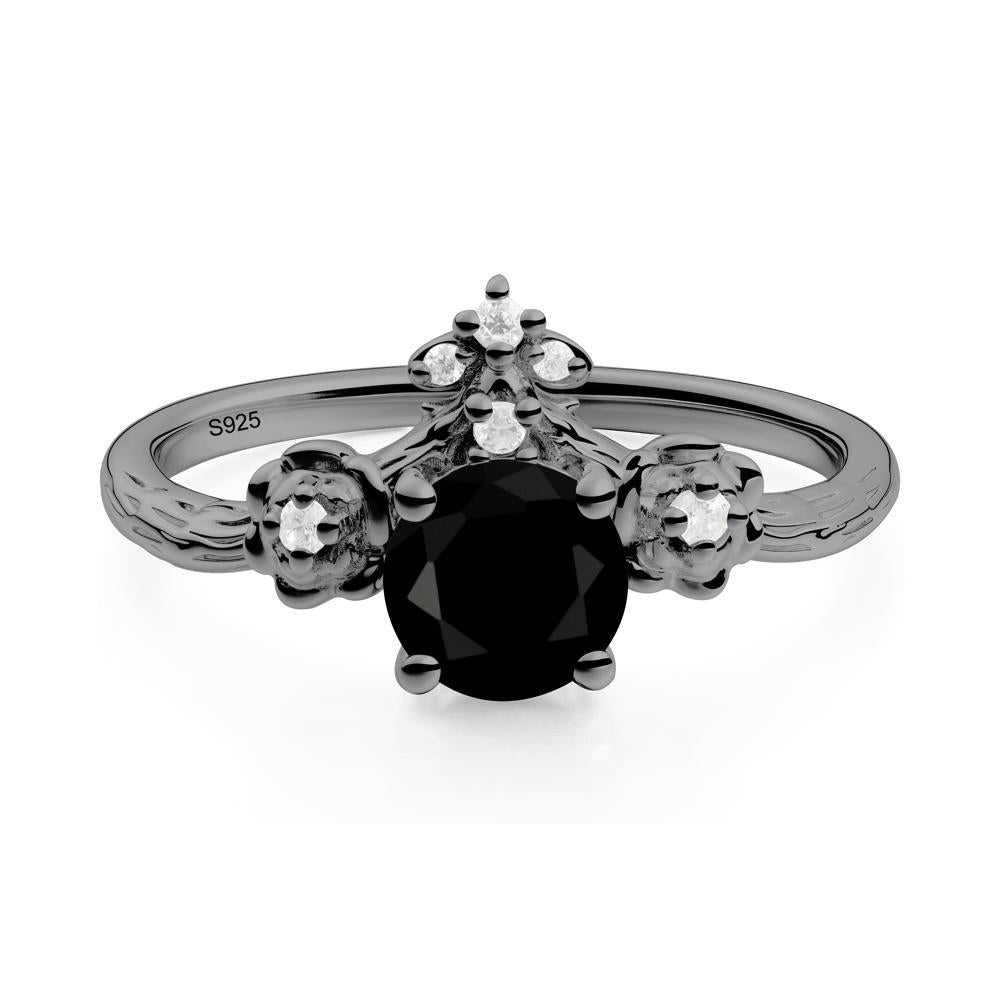 Round Black Spinel Rose Ring with Wood Grain - LUO Jewelry #metal_black finish sterling silver