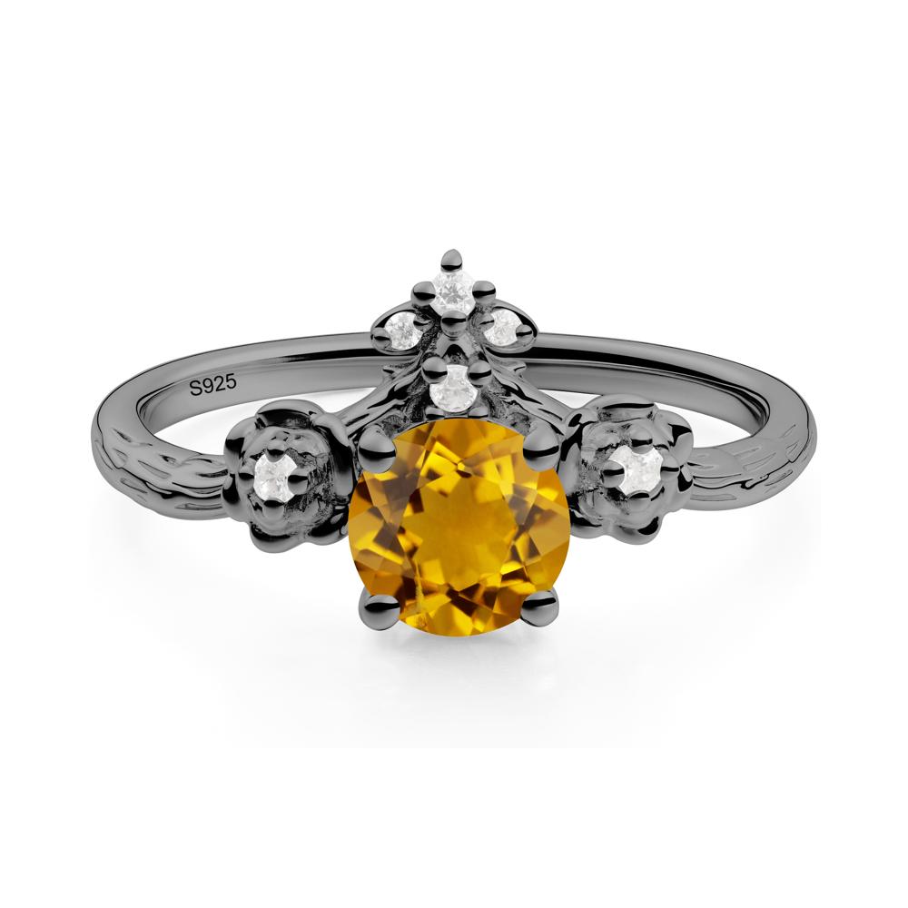 Round Citrine Rose Ring with Wood Grain - LUO Jewelry #metal_black finish sterling silver