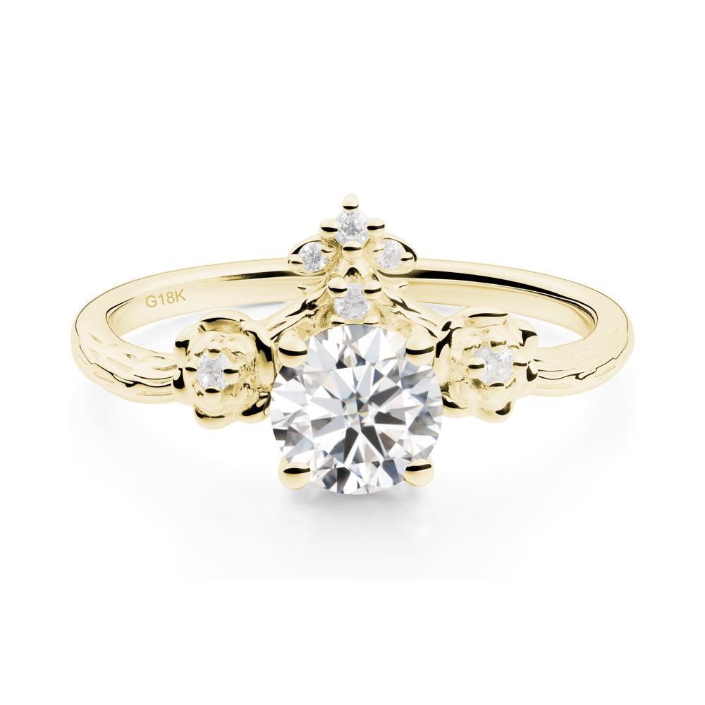 Round Moissanite Rose Ring with Wood Grain - LUO Jewelry #metal_18k yellow gold