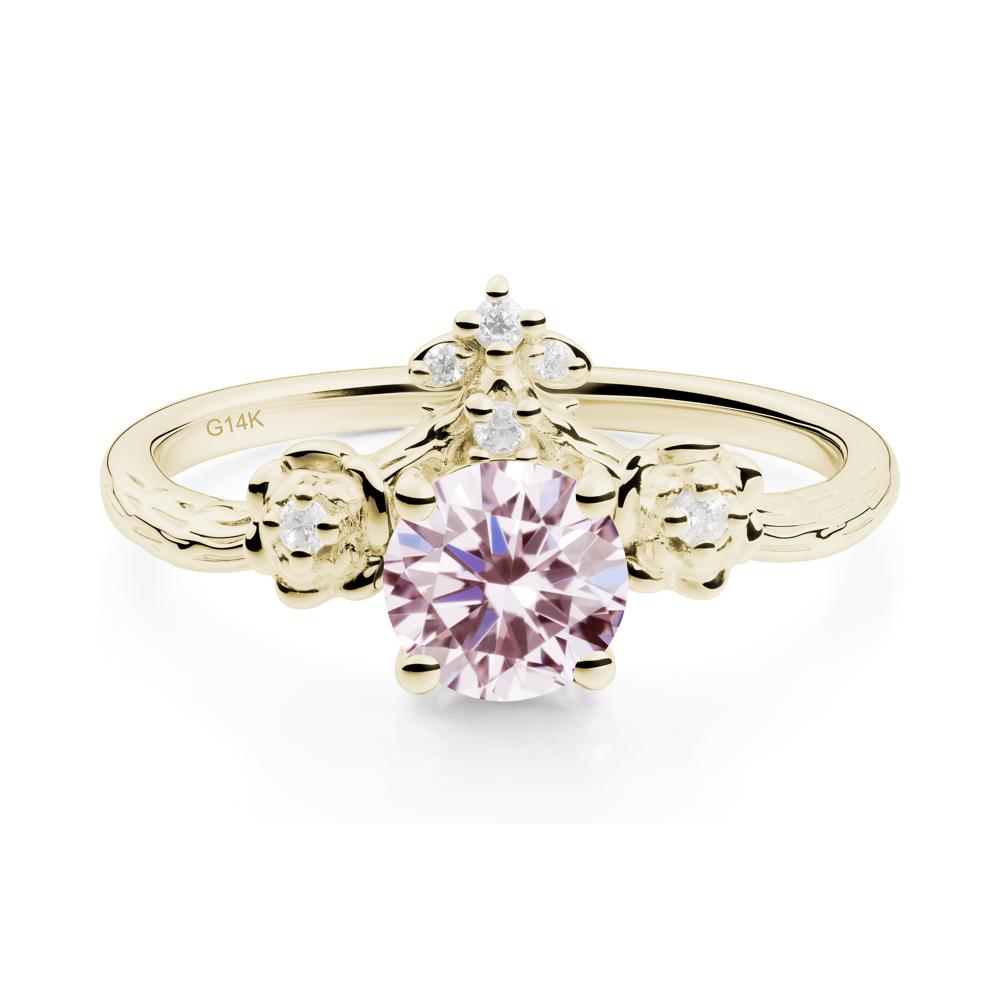 Round Pink Cubic Zirconia Rose Ring with Wood Grain - LUO Jewelry #metal_14k yellow gold