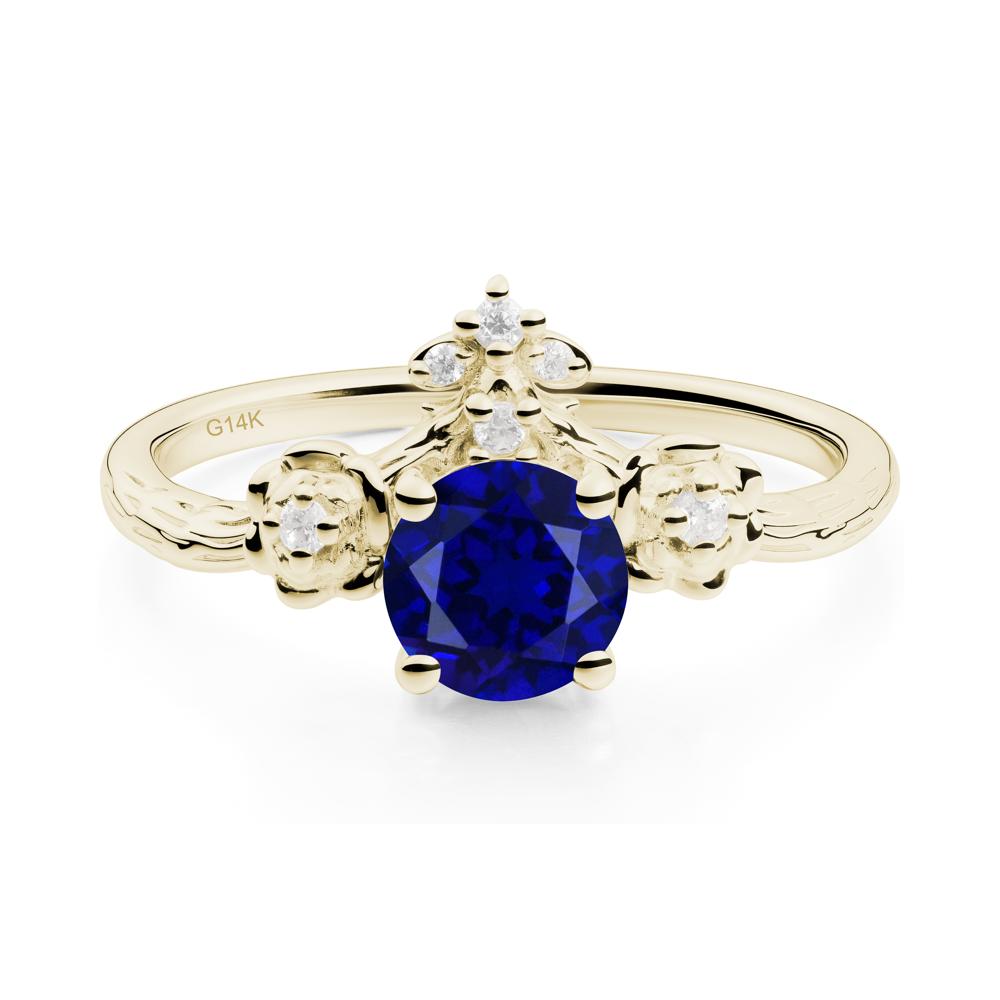 Round Sapphire Rose Ring with Wood Grain - LUO Jewelry #metal_14k yellow gold